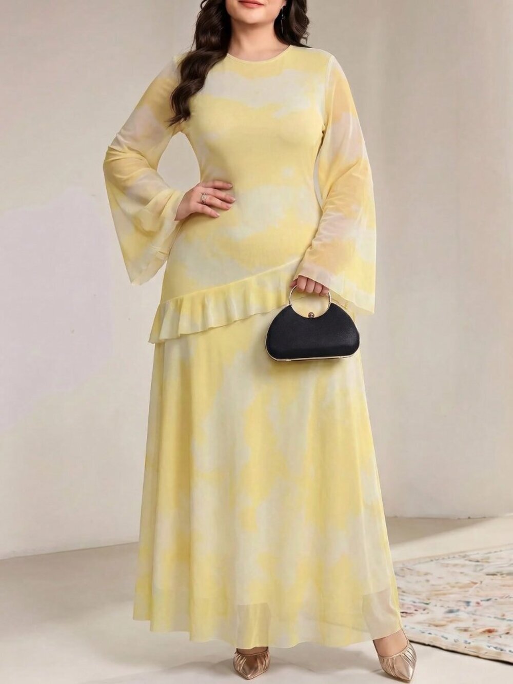 Pale Yellow Elegant Party Plus Size Women's Tie-Dye Ruffle Hem Strappy Dress